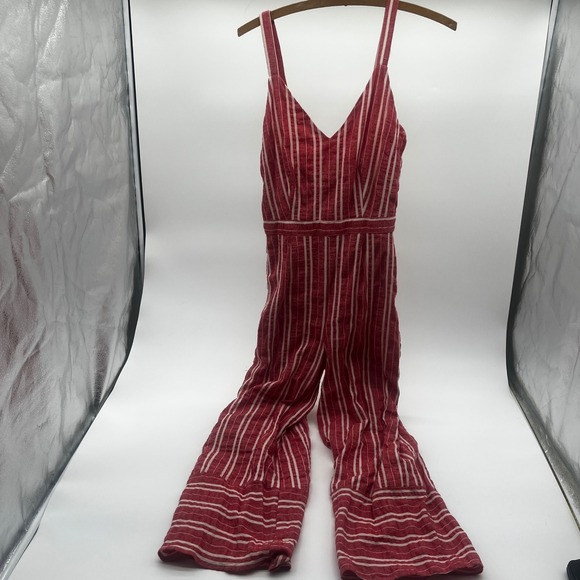 Lost + Wander Pants - Lost + Wander Red White Striped Cotton Linen Wide Leg Jumpsuit XS LRB70347